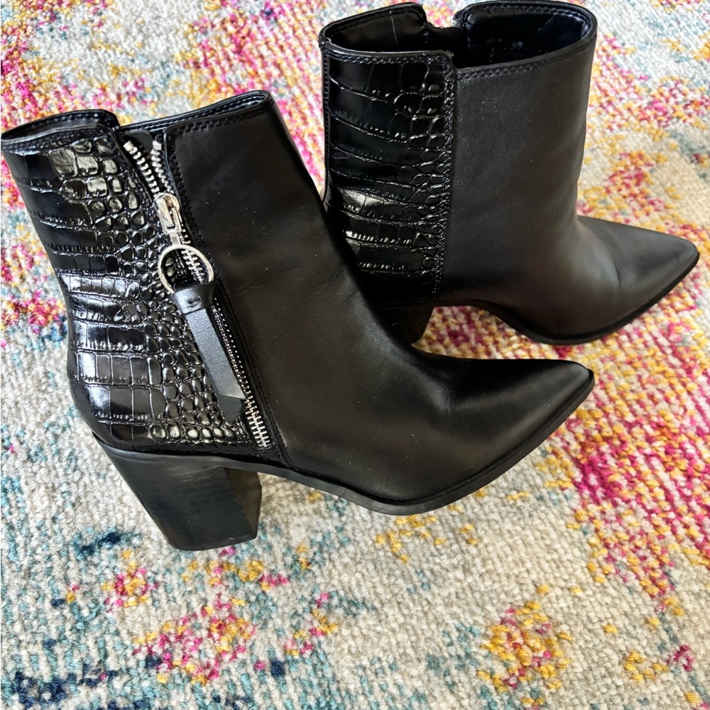 Black Leather Croc-Embossed Ankle Boots - Picture 2 of 8
